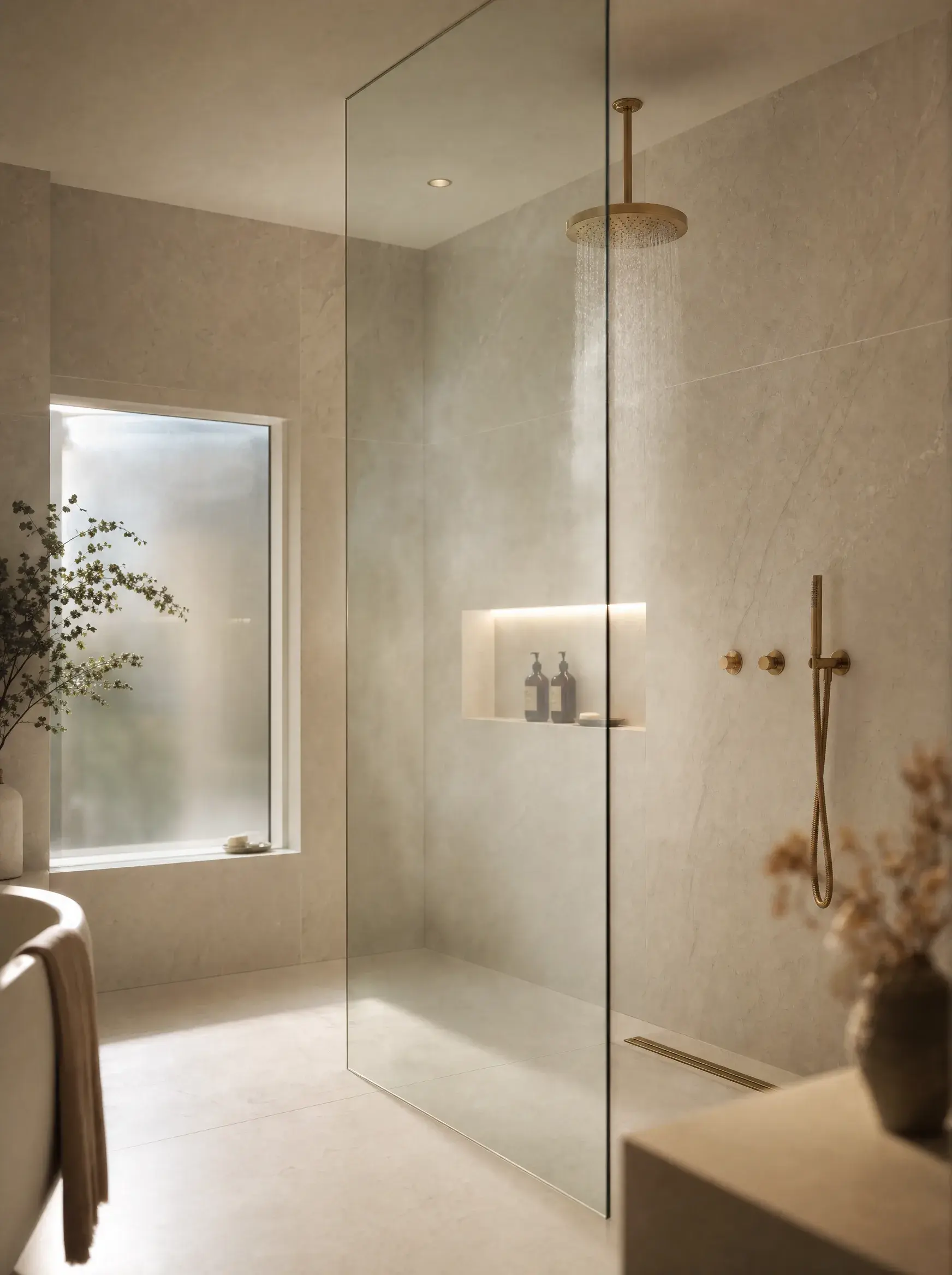 Marble-tiled walk-in wet room with frameless glass screen and brushed brass fittings