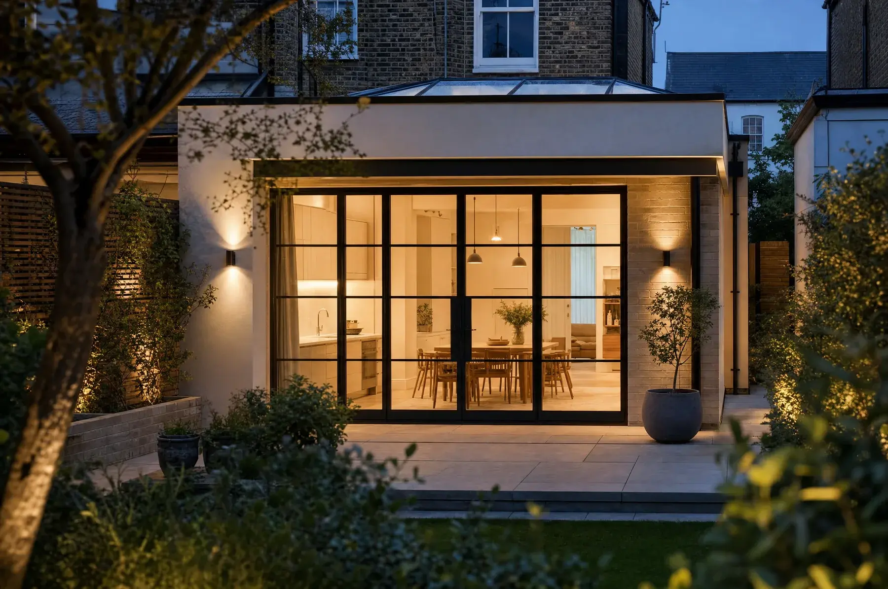 Rear kitchen extension at dusk with Crittall-style steel glazing glowing from within