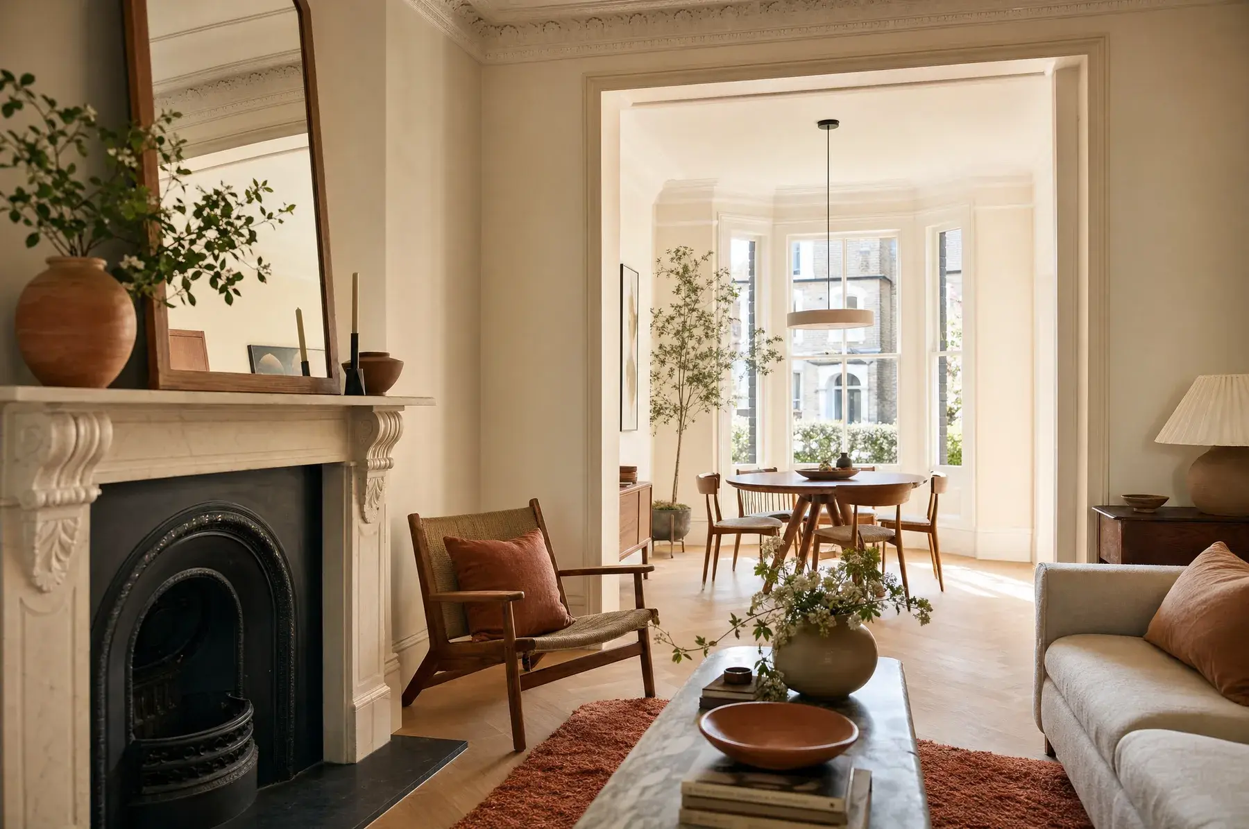 Restored open-plan living room with original cornicing, oak herringbone floor and tall sash windows