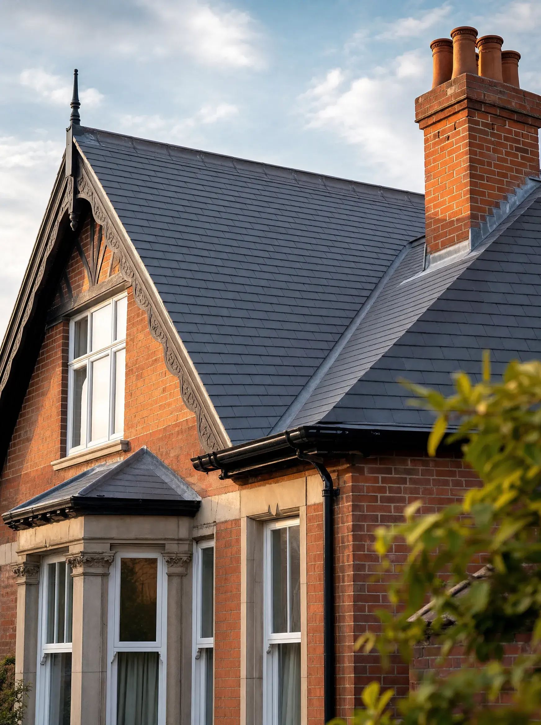 Newly laid natural slate roof with lead flashing around a brick chimney stack